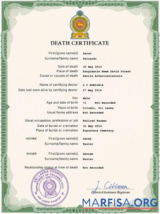 Realistic Sri Lanka vital record death certificate PSD template